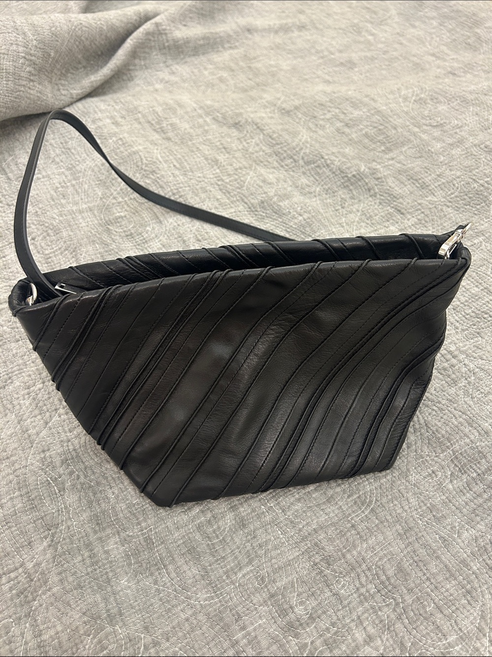 NEW Walter Baker Black Leather Shoulder Bag with Wavy Paneled Stitching